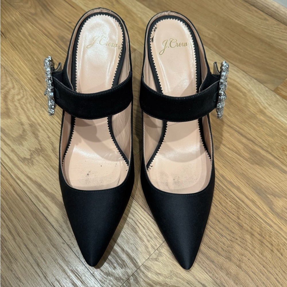 J. Crew Black Mules with Pointed Toe and jewel Strap 9